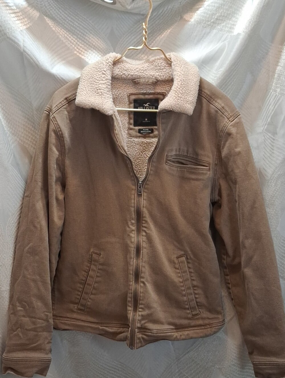 Hollister Mens Canvas Sherpa Lined Jacket Medium Tan Brown Workwear Utility Y2K